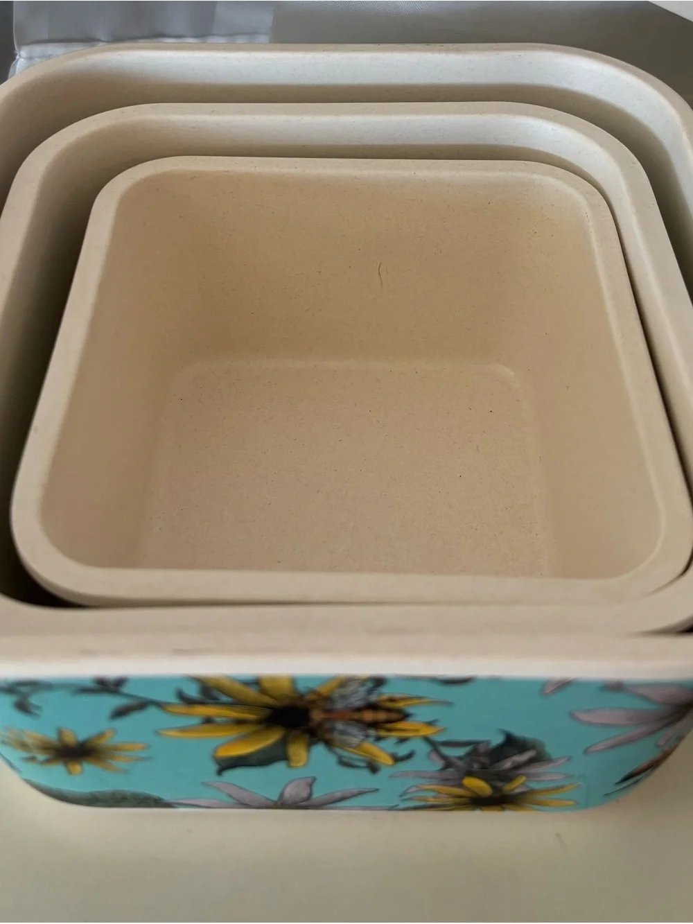 3-Piece Stacking Nesting Organize Bowls Teal White Yellow Bee Leaves